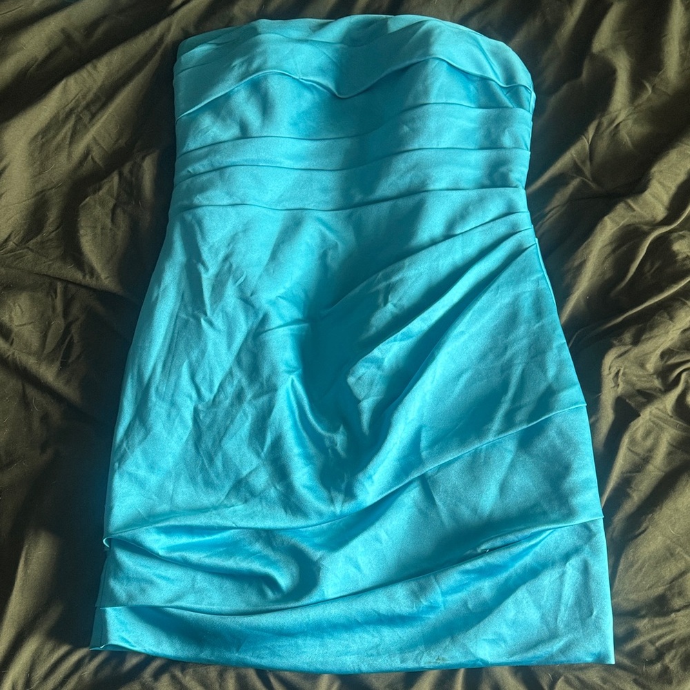David's Bridal Blue Strapless Ruched Bodycon Dress